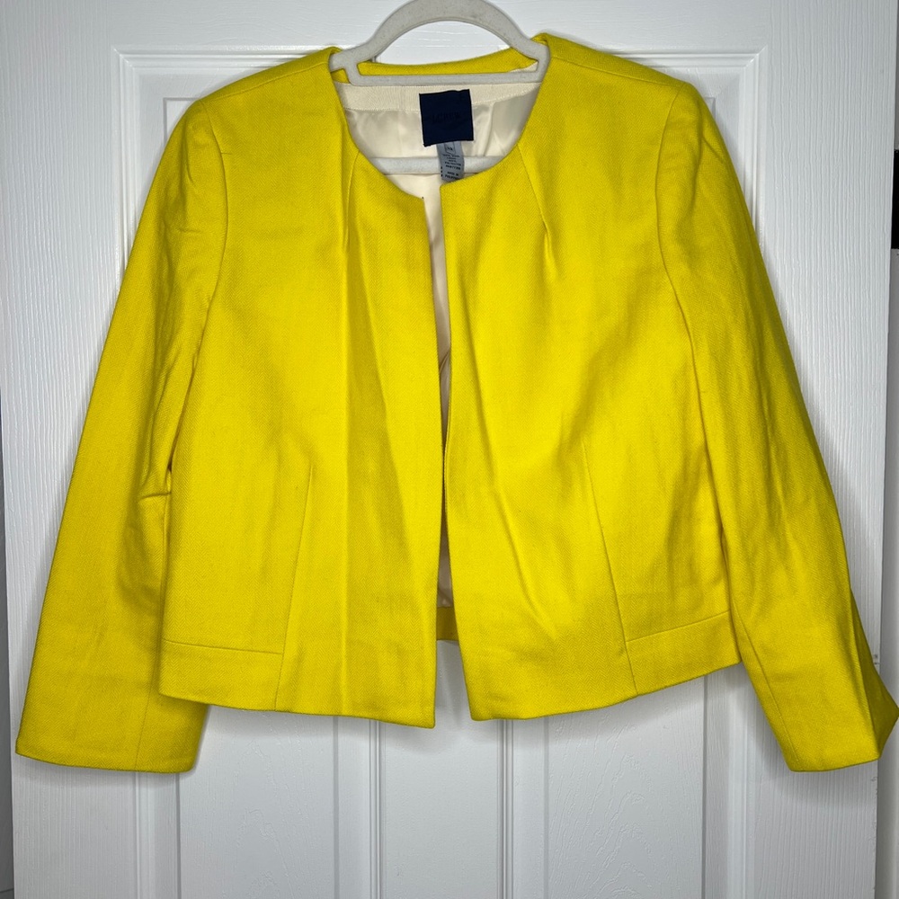 💛 J. Crew Canary Yellow Herringbone Cropped Open Front Jacket - Size 12